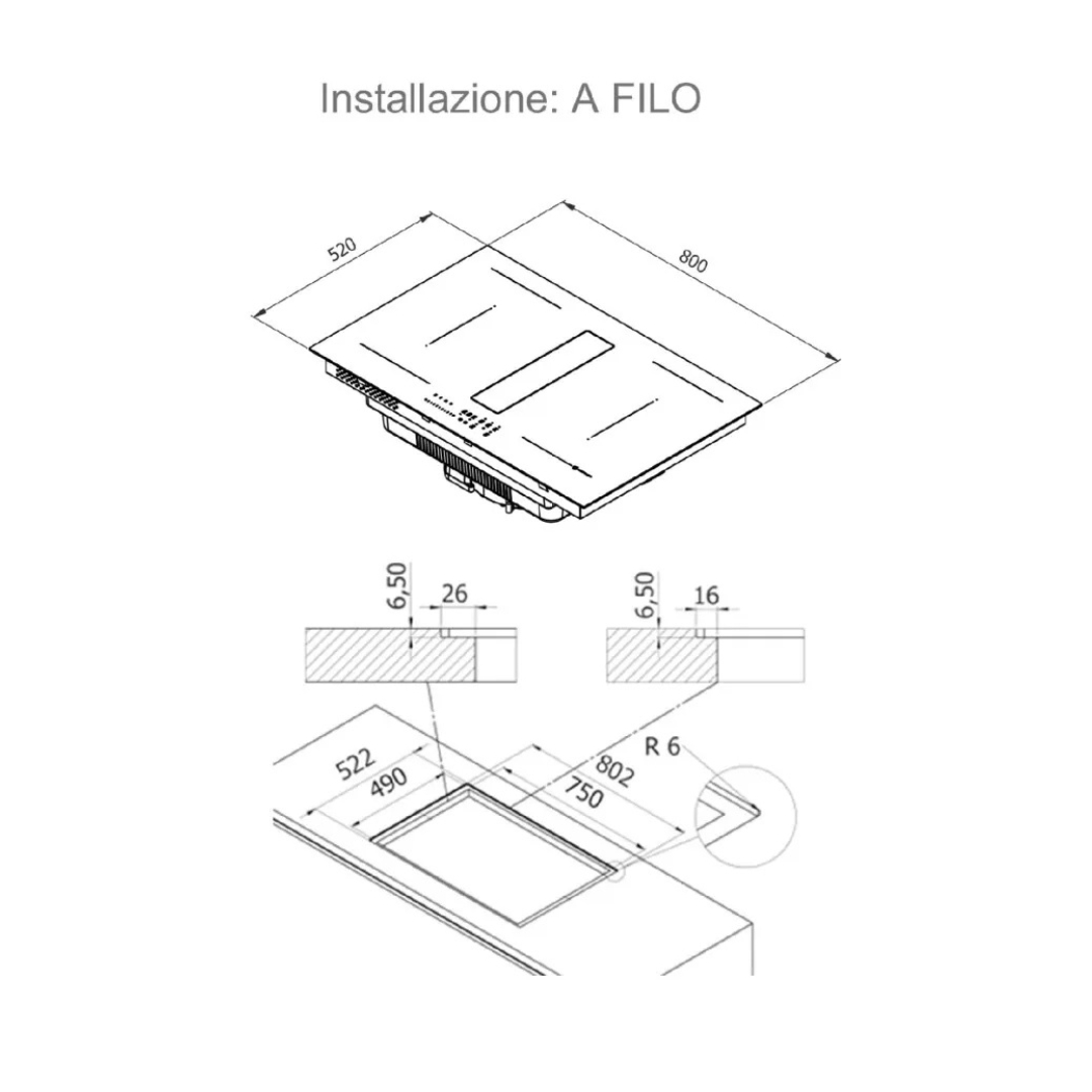 Disegno tecnico di un piano cottura con dimensioni e dettagli di installazione.
