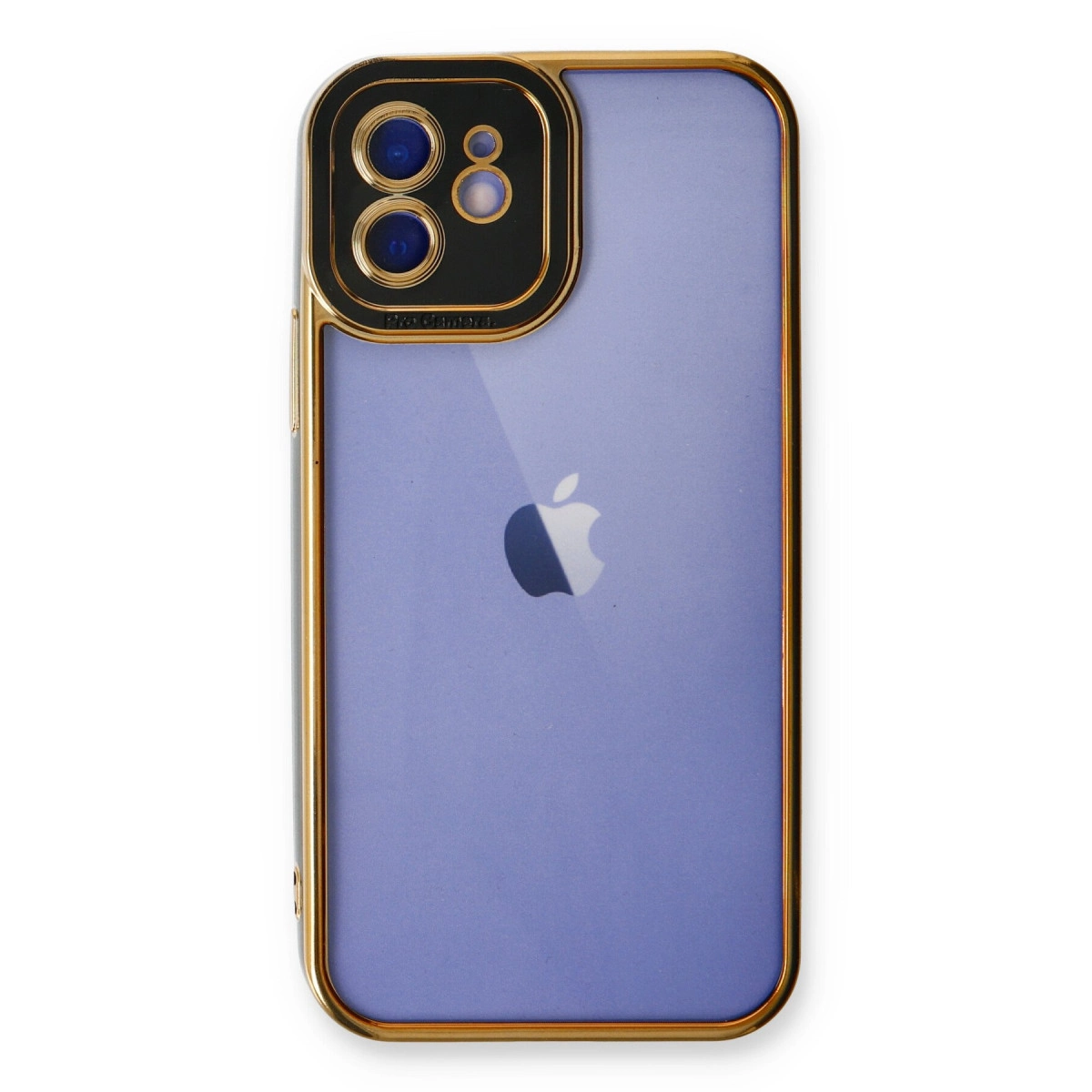 Altın çerçeveli, Apple logolu mor iPhone arka yüzü.