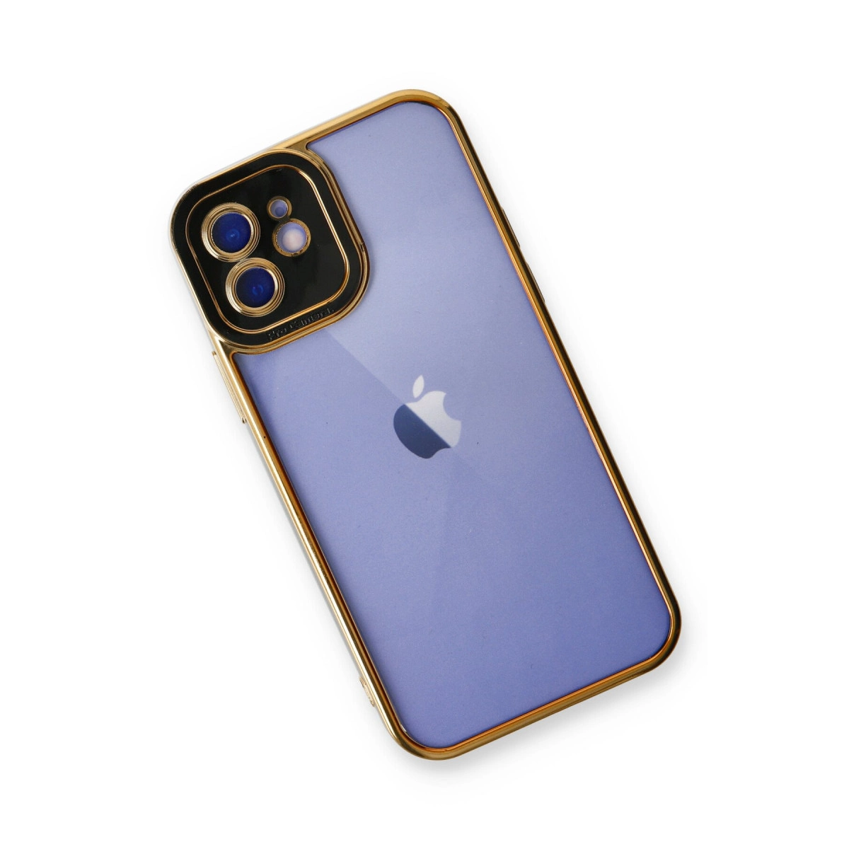 Beyaz arka plan üzerinde altın çerçeveli ve kamera lensli mor iPhone.