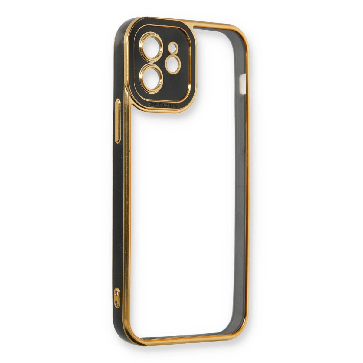 Altın kenarlı ve kamera oyuklu siyah iPhone kılıfı.