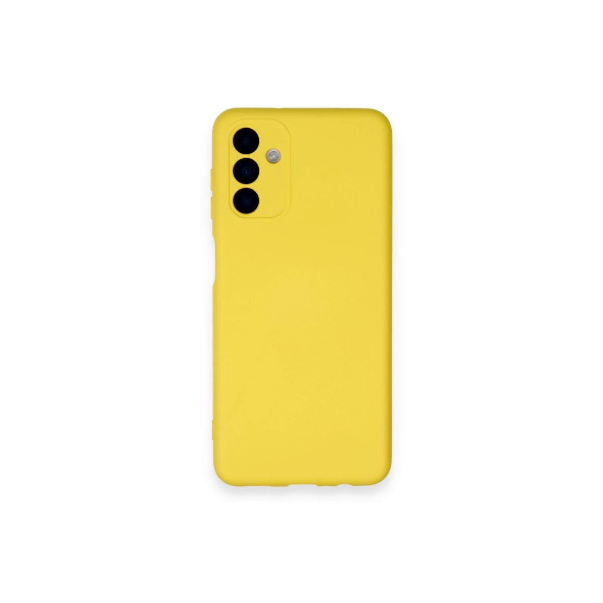 Üç kamera lensli ve flaşlı sarı telefon kılıfı.