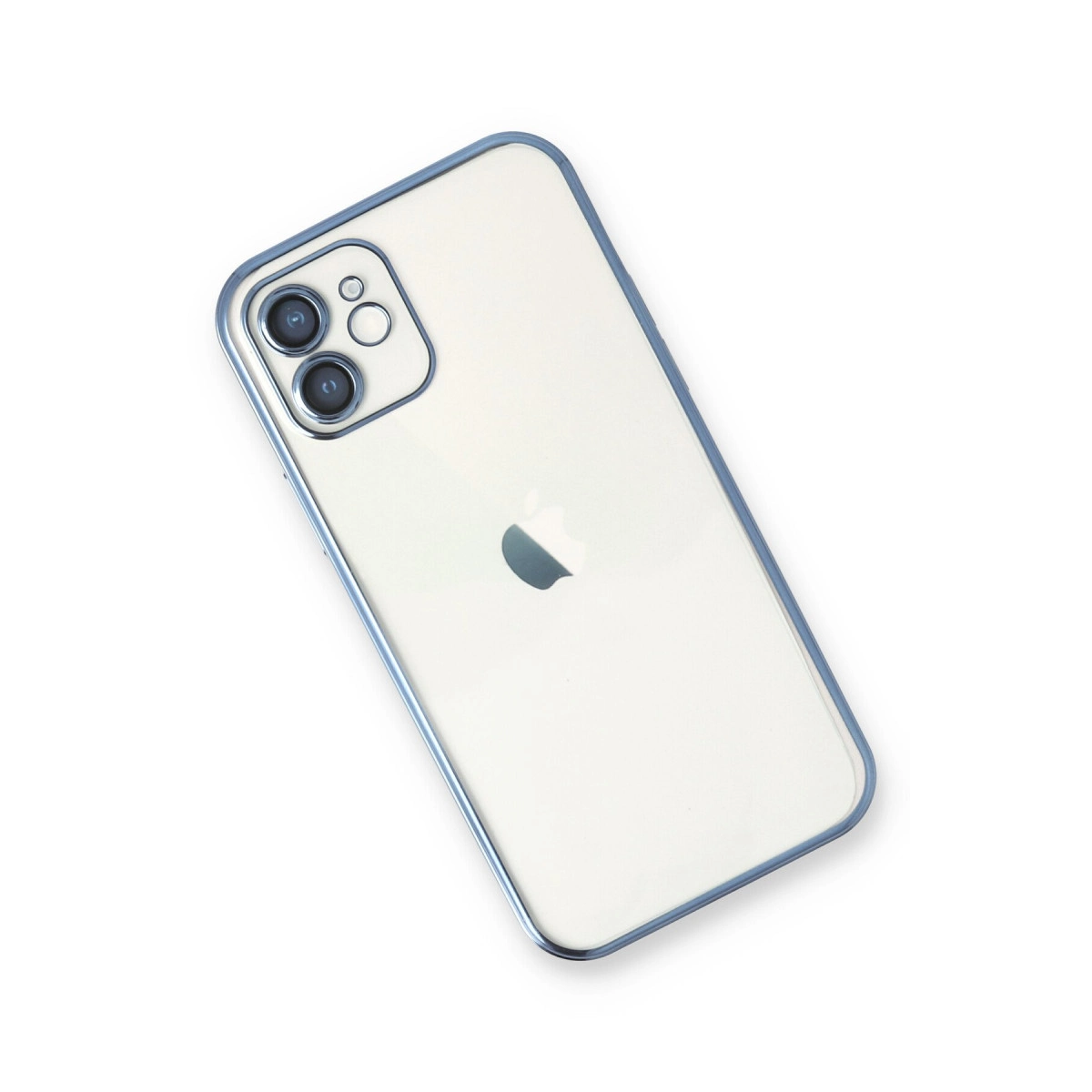 Mavi kenarlı, arkasında iki kamerası olan açık renkli bir iPhone.