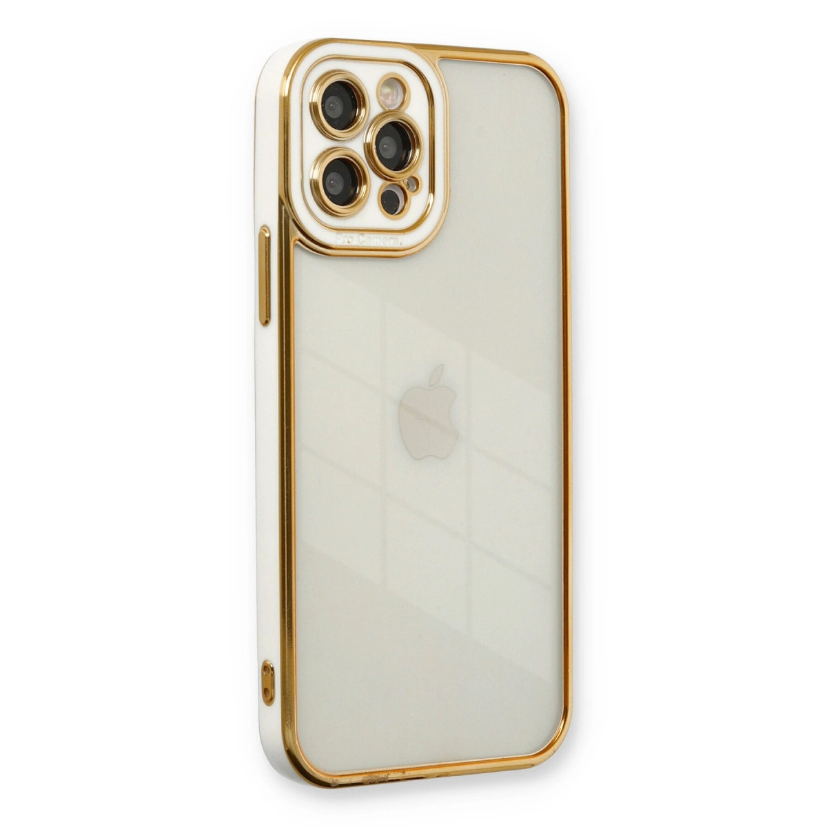 Altın çerçeveli beyaz iPhone ve kamera çevresi.