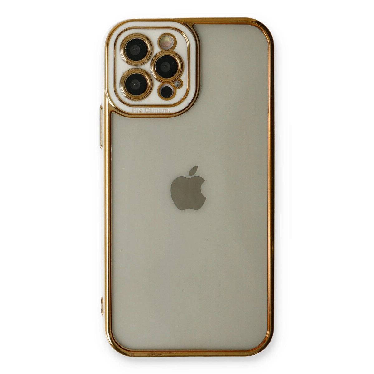 Dört kameralı ve Apple logosuna sahip altın çerçeveli iPhone kılıfı.
