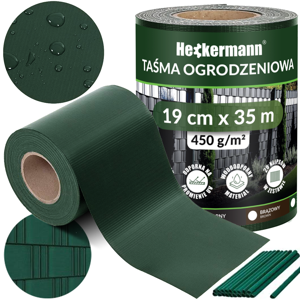 Ciemnozielona taśma ogrodzeniowa Heckermann, 19cm x 35m, 450g/m², wodoodporna.