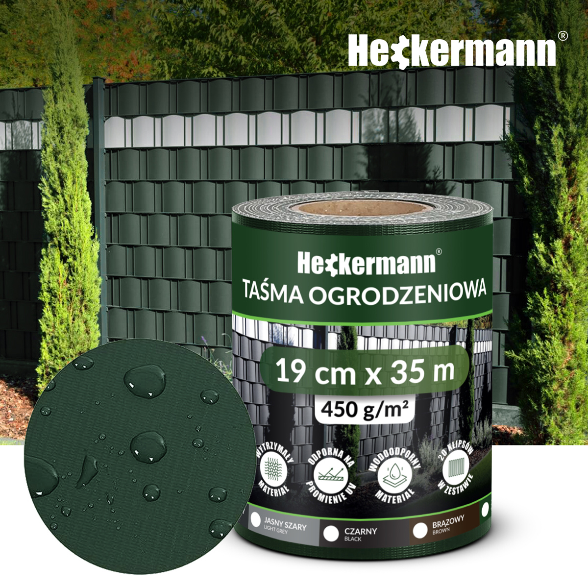 Taśma ogrodzeniowa Heckermann 19x35m, 450g/m², odporna na UV i wodę, ciemnozielona.