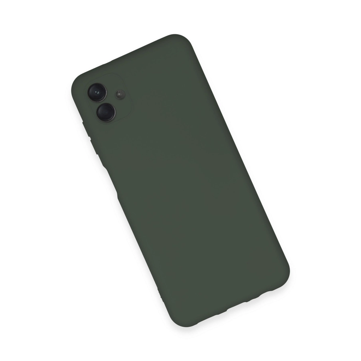Arkada iki kamera lensi olan koyu yeşil akıllı telefon, beyaz üzerinde.
