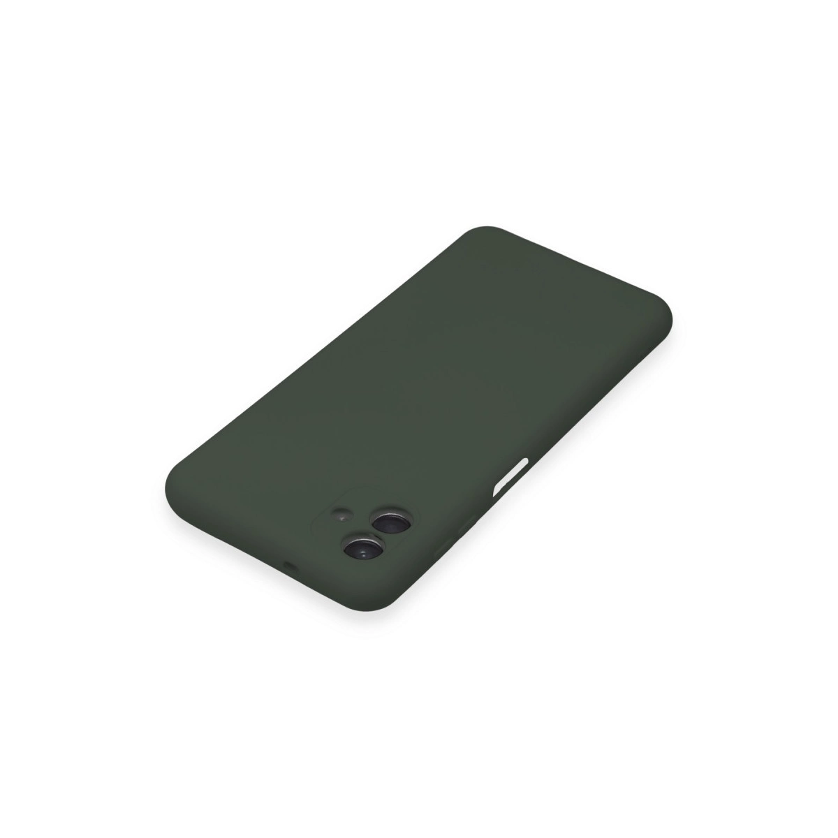 Beyaz arka plan üzerinde kamera kesimli koyu yeşil telefon kılıfı.