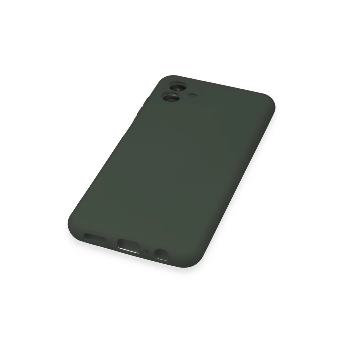 Kamera adası ve bağlantı noktalarına sahip koyu yeşil telefon kılıfı.