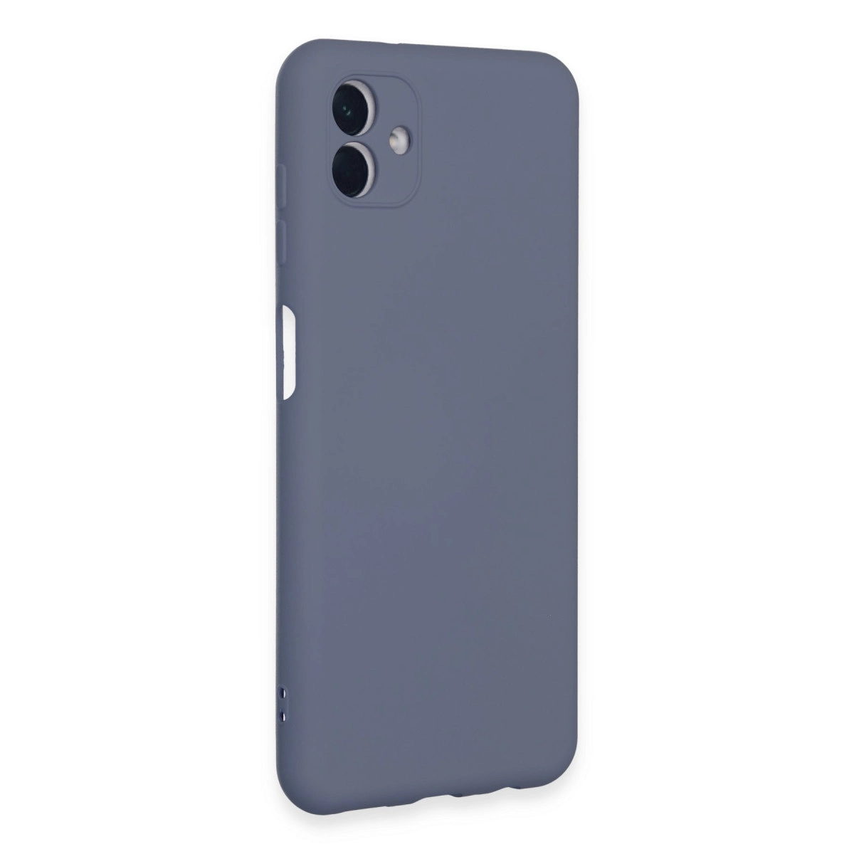 Beyaz arka plan üzerinde kamera oyuntulu gri-mavi telefon kılıfı.
