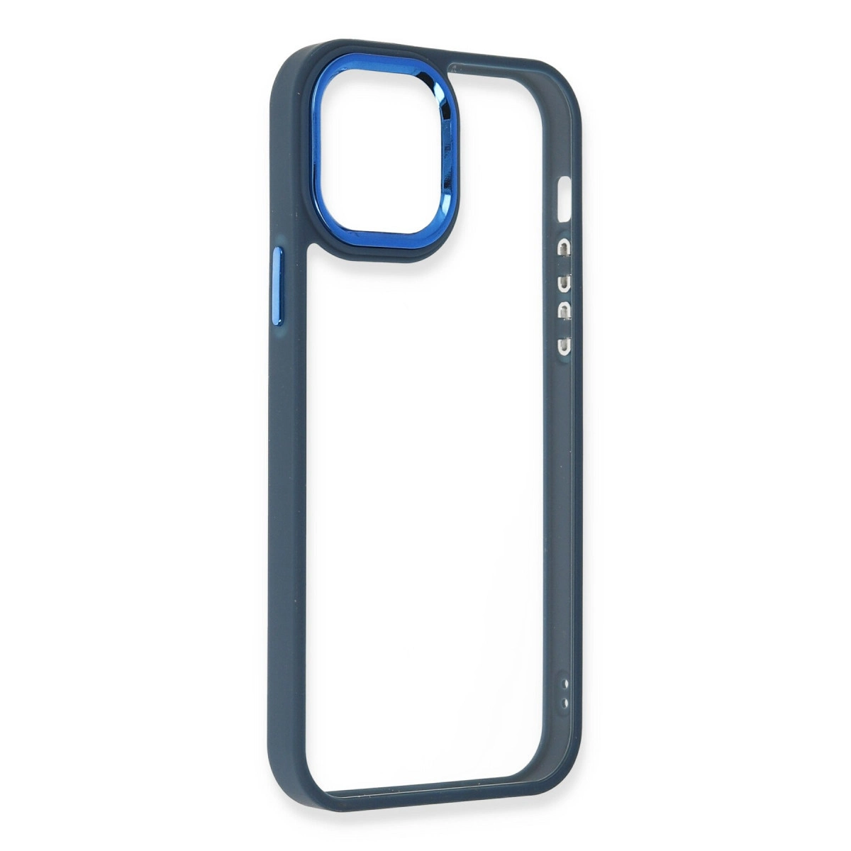 Kamera açıklığı etrafında mavi metal çerçeveli koyu mavi telefon kılıfı.