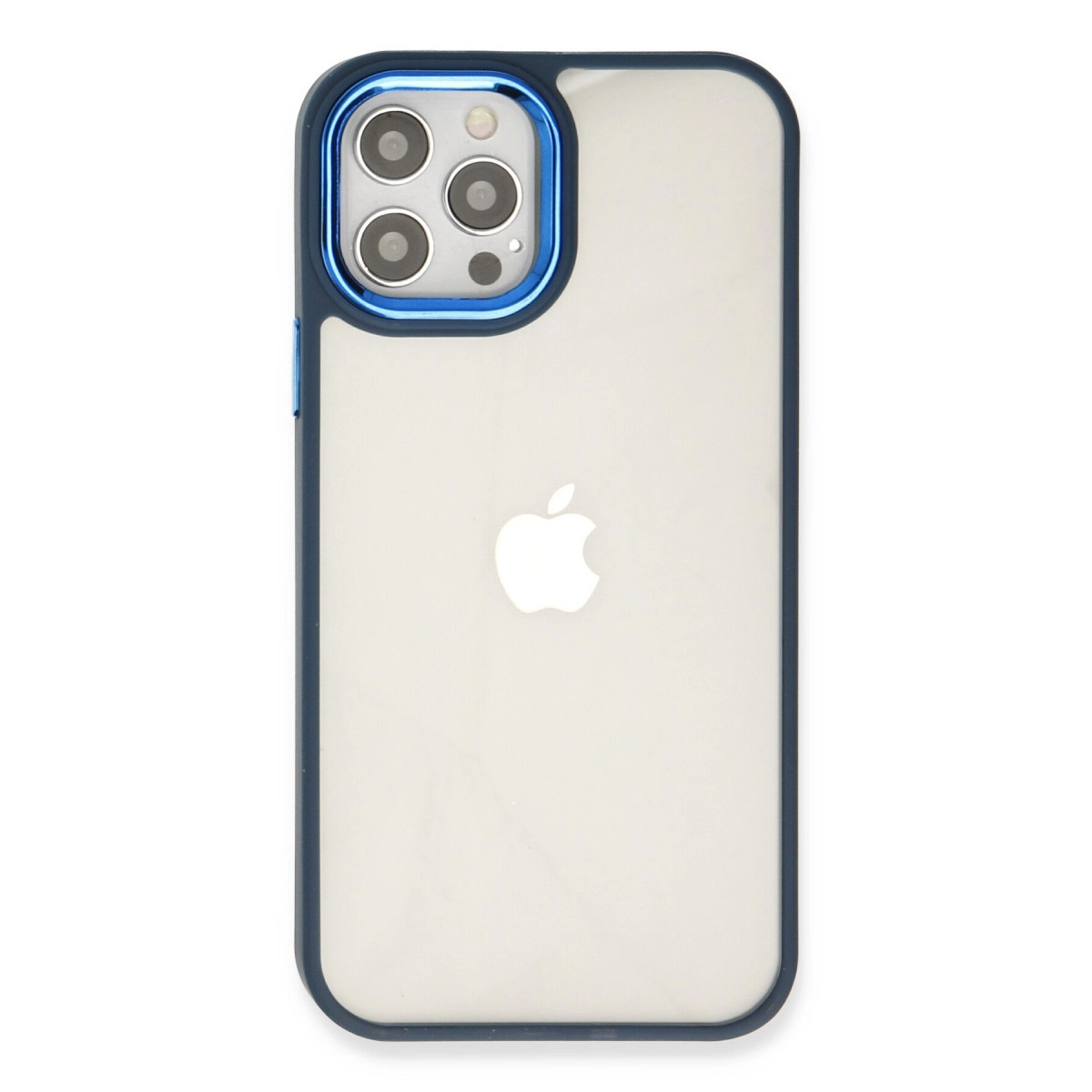 Şeffaf arka ve mavi çerçeveli iPhone kılıfı.