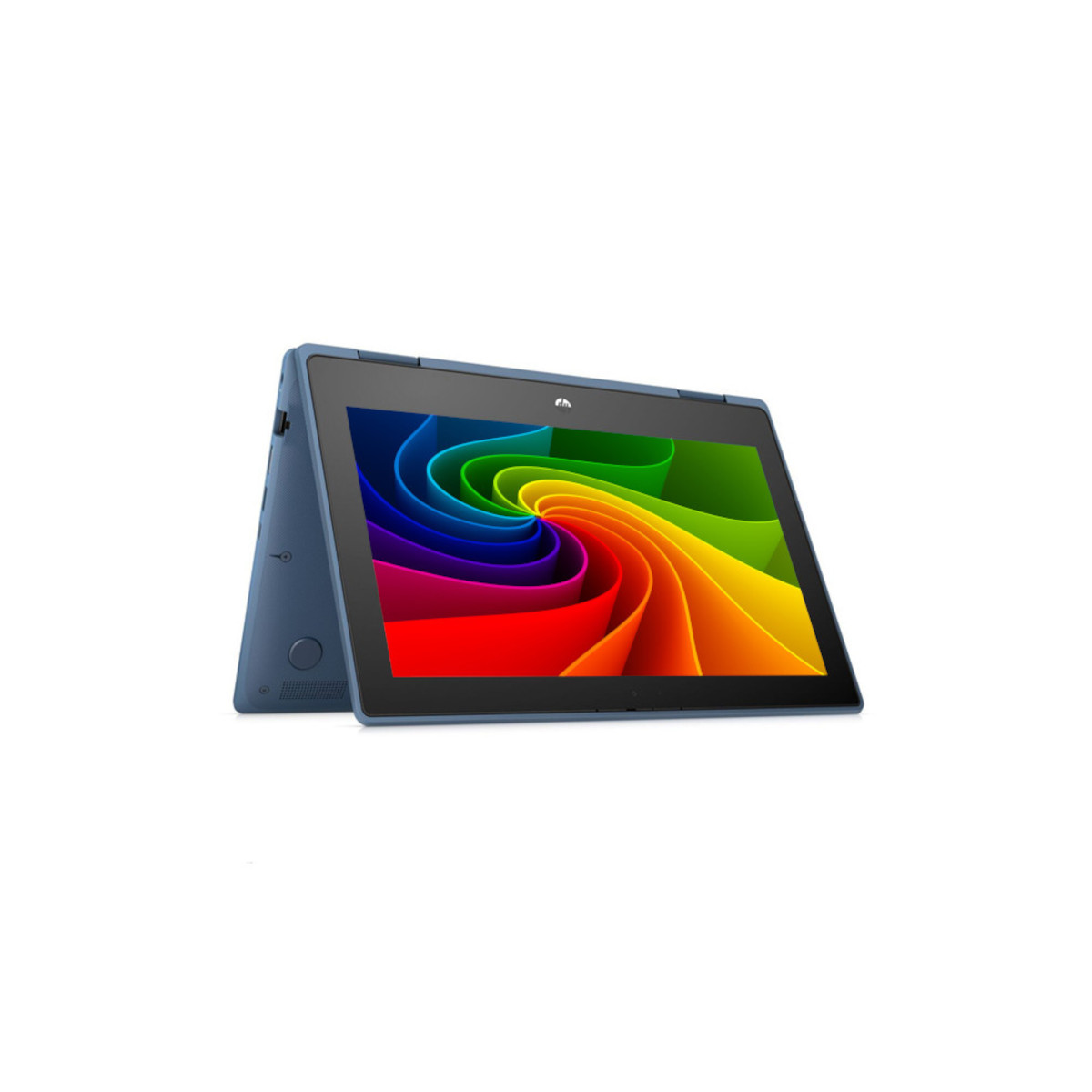 Ein blauer Laptop mit einem bunten Spiralbildschirm, der auf einer weißen Fläche steht.