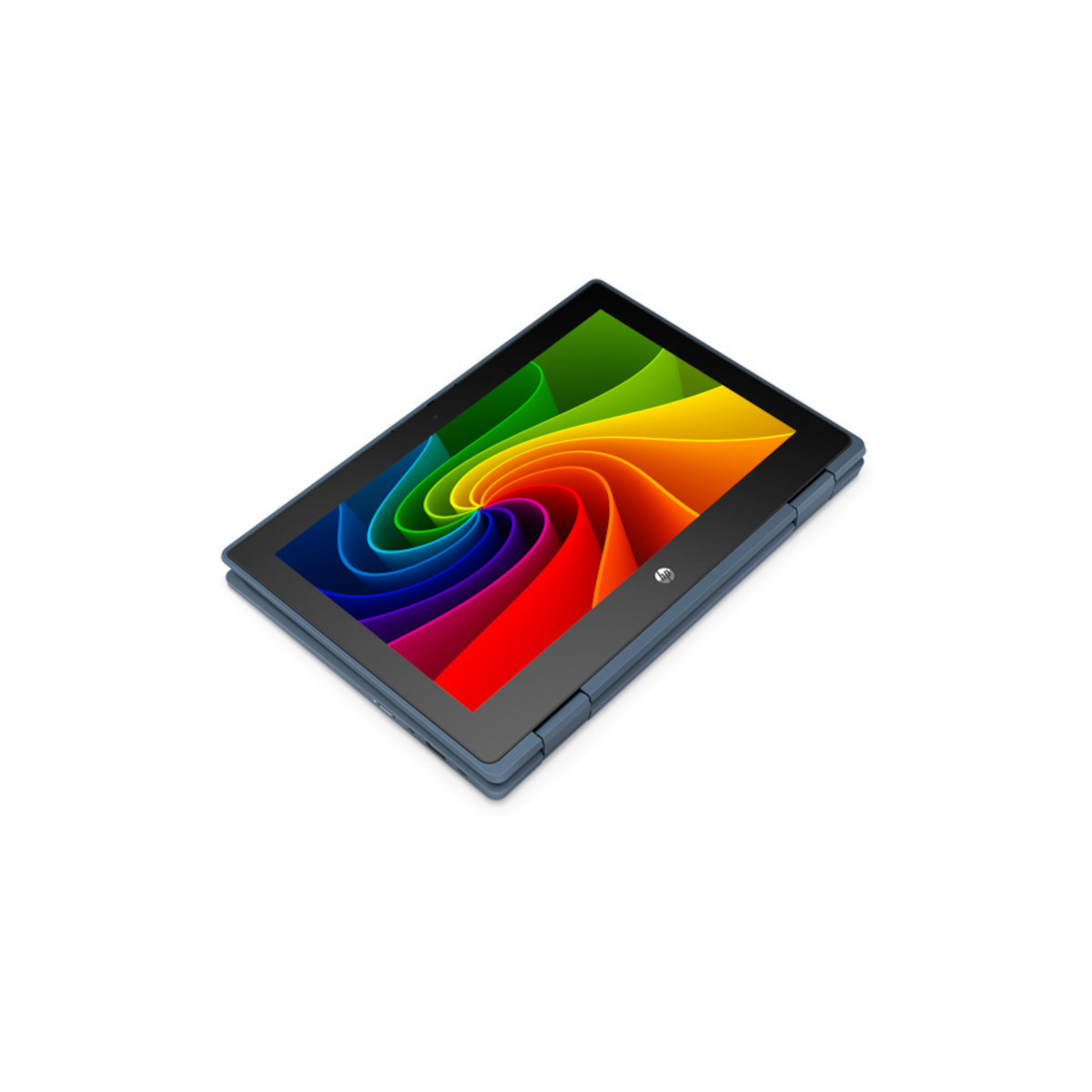 Ein blaues Tablet mit einem bunten Wirbelmuster auf dem Bildschirm.