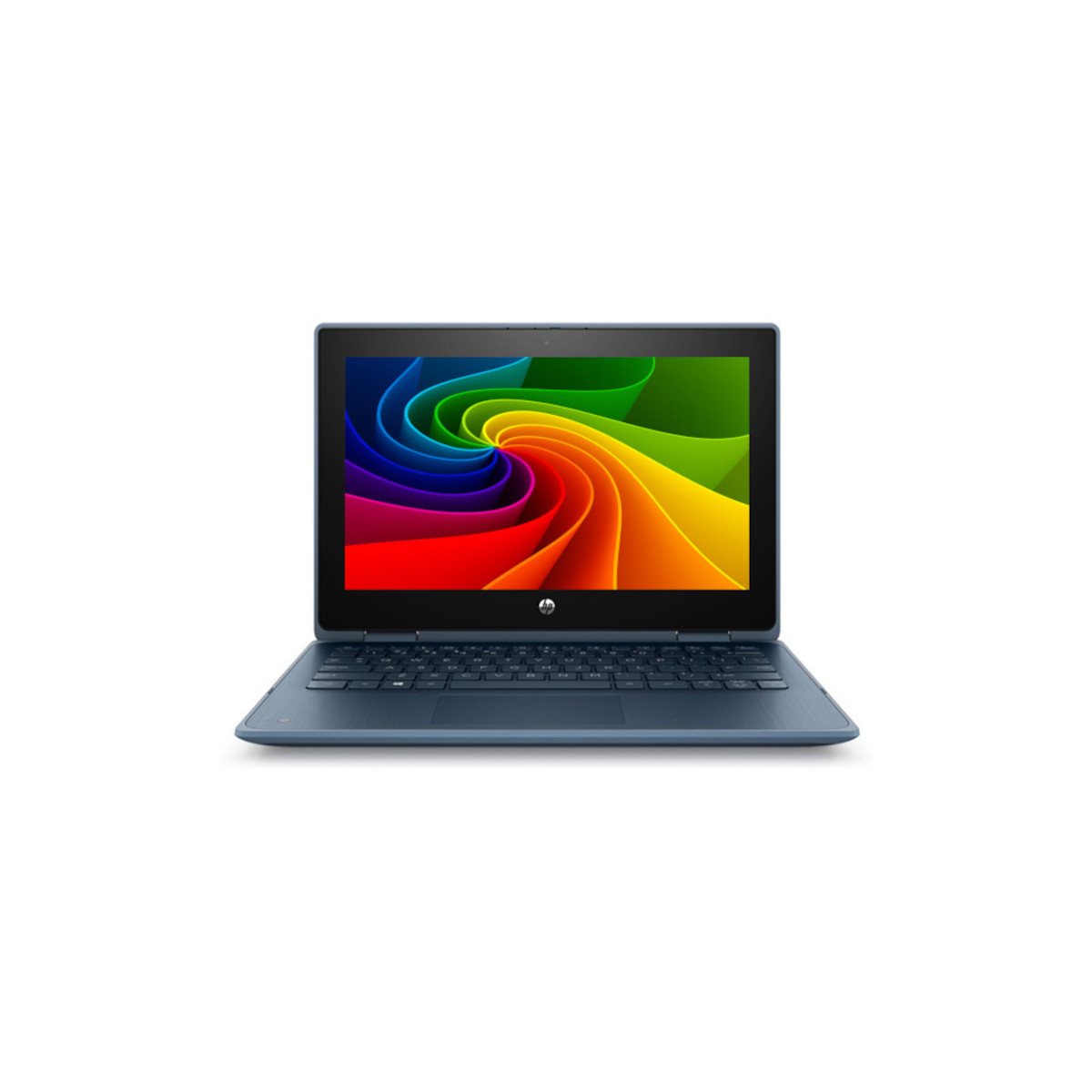 Ein geöffneter blauer Laptop mit einem bunten, wirbelnden Hintergrundbild.