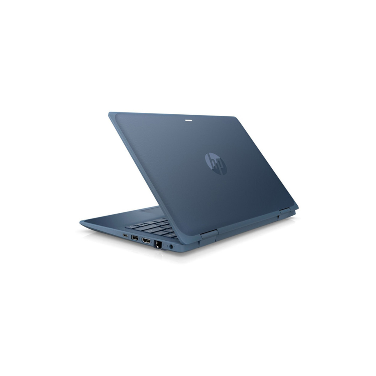 Ein blauer HP Laptop im 360-Grad-Modus, mit Tastatur und Anschlüssen sichtbar.