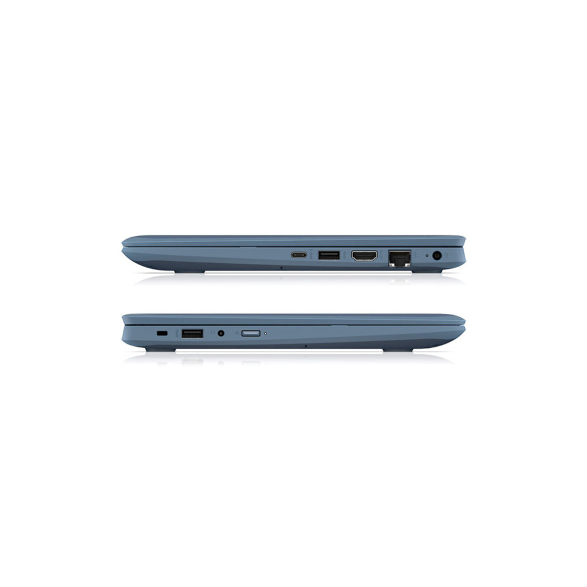 Zwei blaue Laptops im Seitenprofil, die Anschlüsse zeigen.