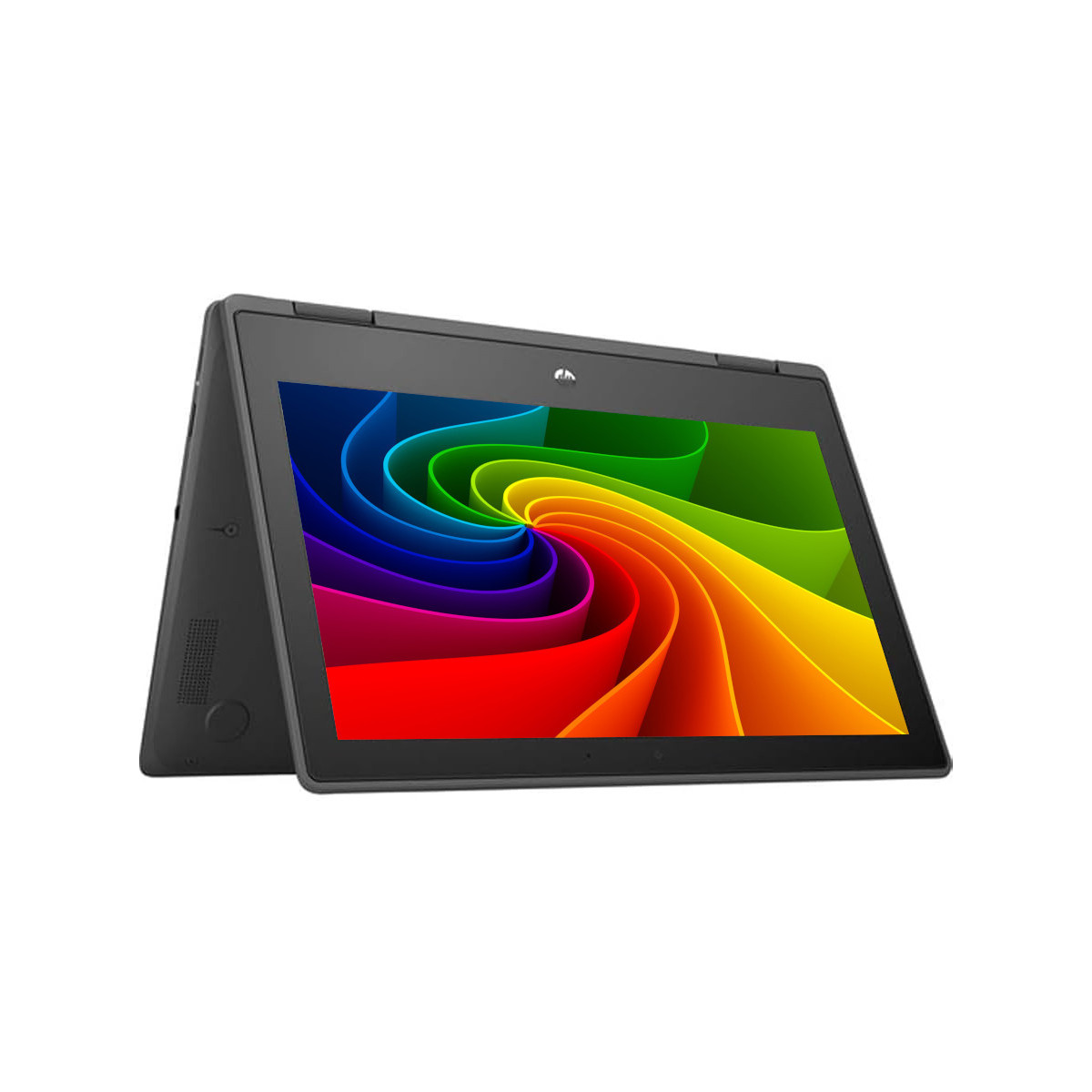 Ein schwarzes Klapp-Laptop mit einem bunten abstrakten Hintergrund auf dem Bildschirm.