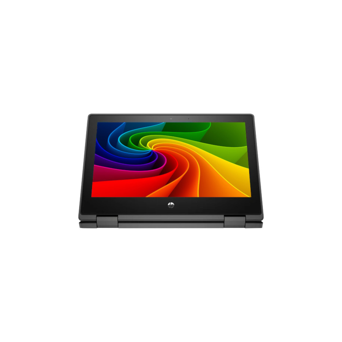 Ein offenes graues HP Convertible mit einem bunten Wirbelhintergrund.