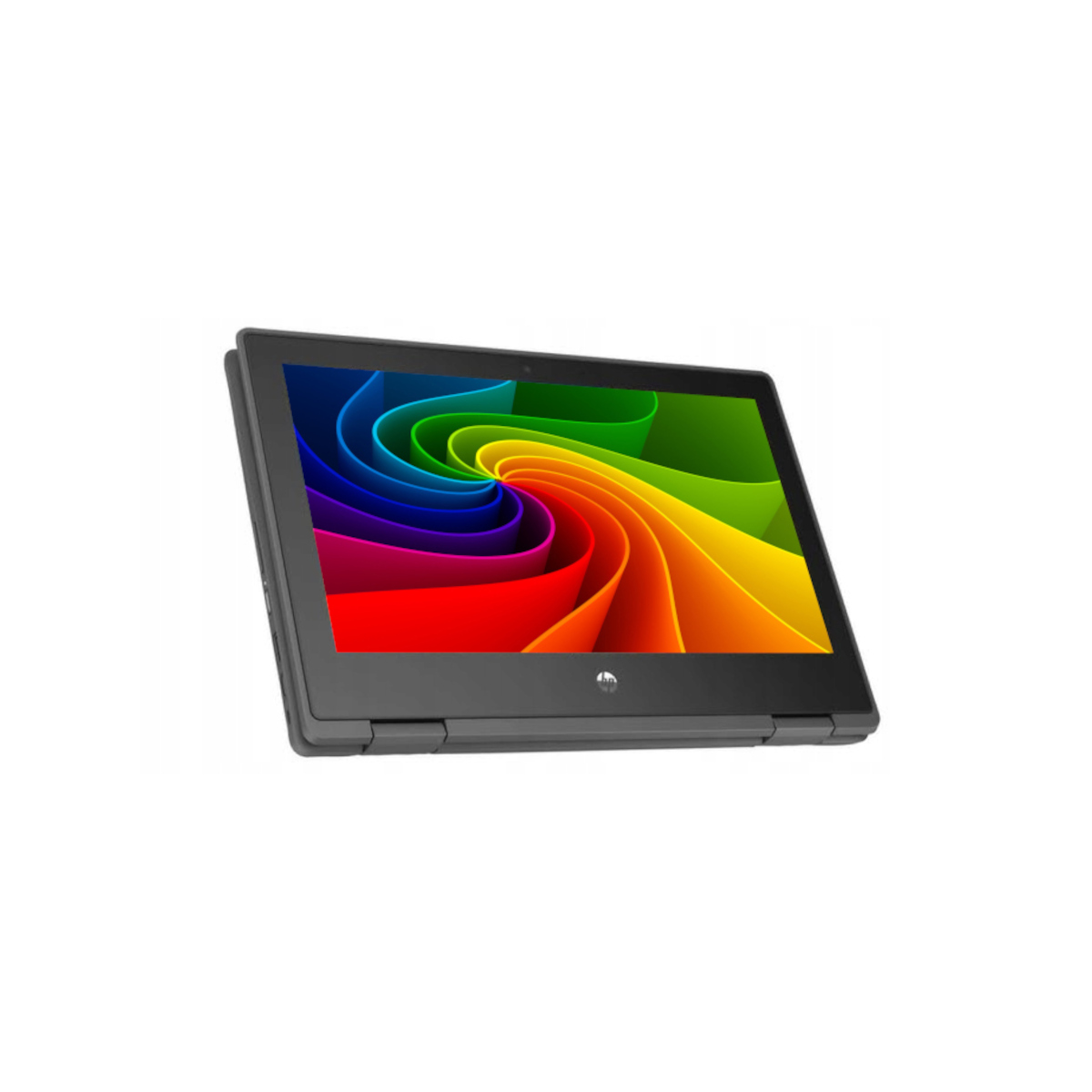 Ein graues Convertible-Notebook mit einem bunten Hintergrundbild.