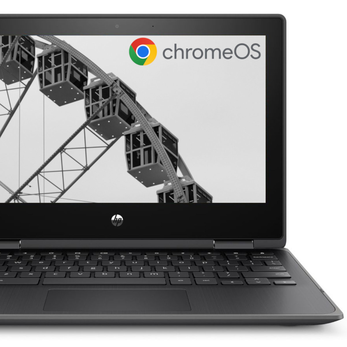 HP Chromebook mit ChromeOS-Logo und Riesenrad auf dem Bildschirm.