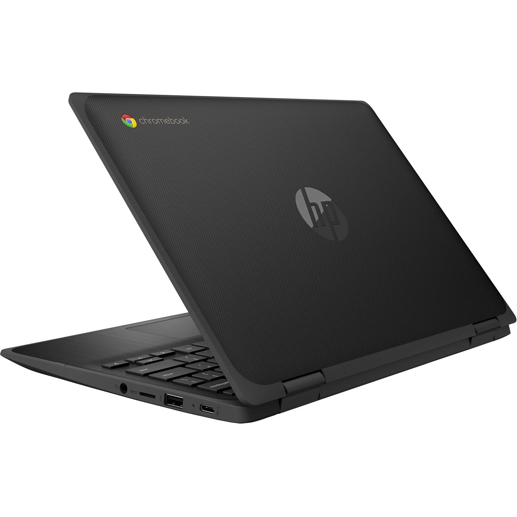 Schwarzer HP Chromebook mit Tastatur und Anschlüssen.
