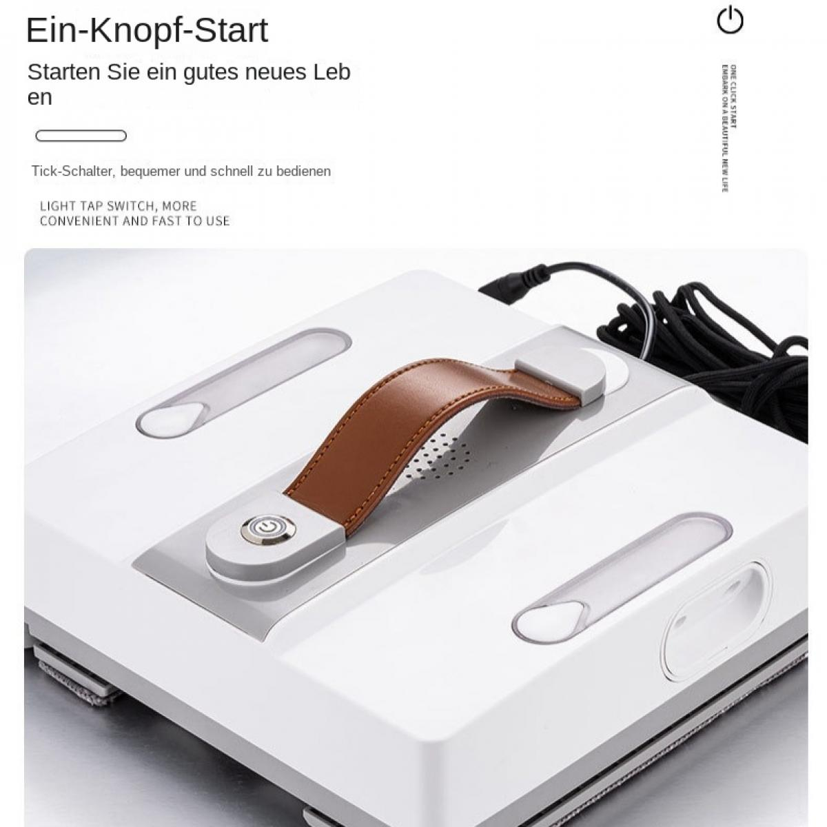 Ein weißer Fensterreinigungsroboter mit braunem Griff und Kabel.