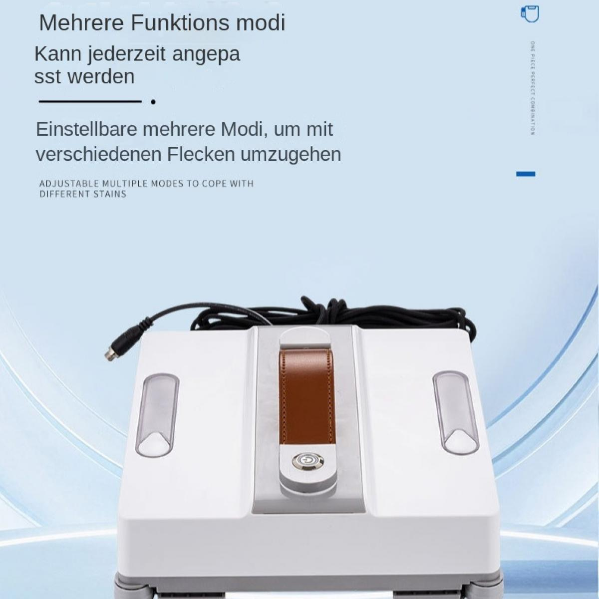 Ein weißer Fensterreinigungsroboter mit braunem Griff und schwarzem Kabel.
