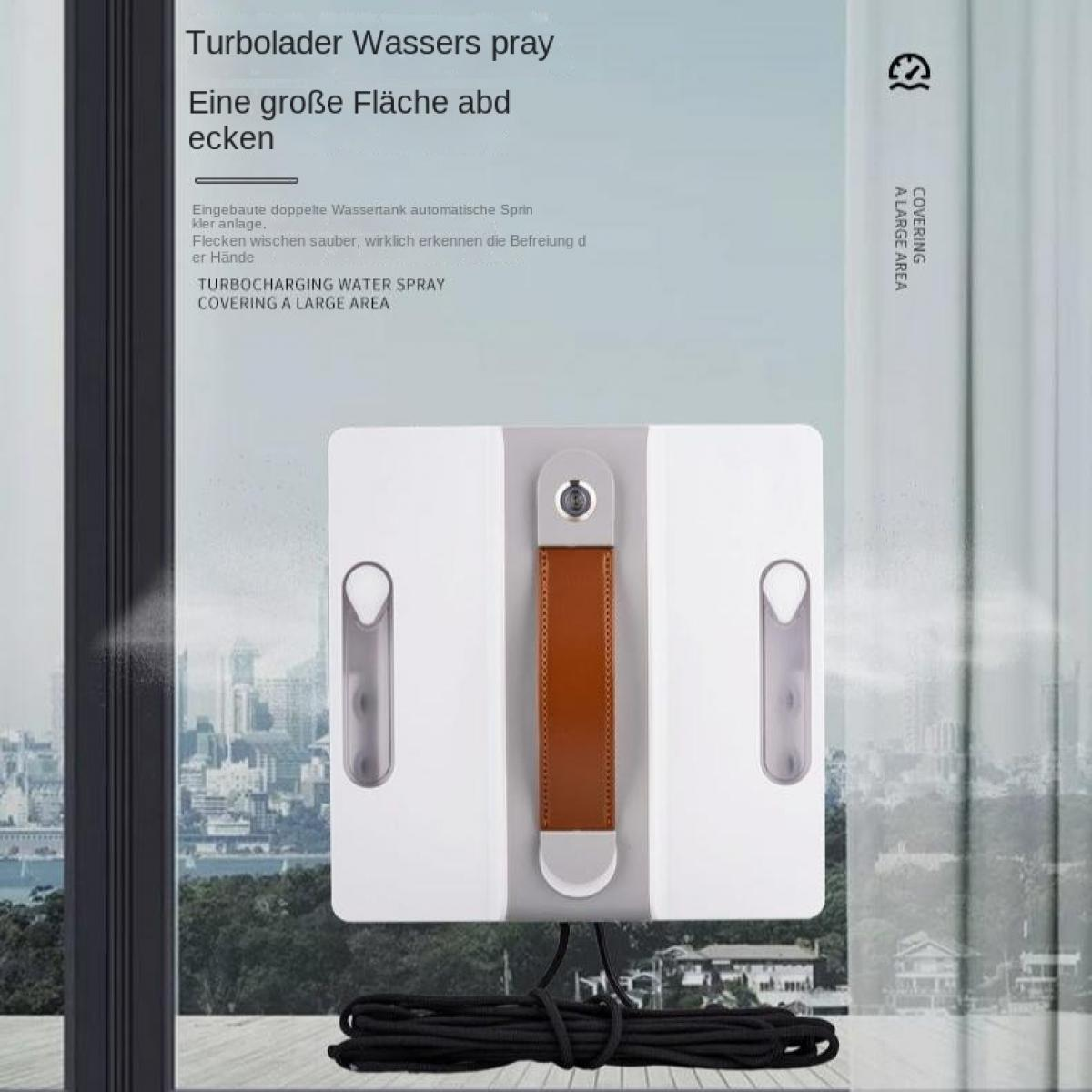 Ein Fensterreinigungsroboter mit braunem Griff und Kabel auf einem Fenster.