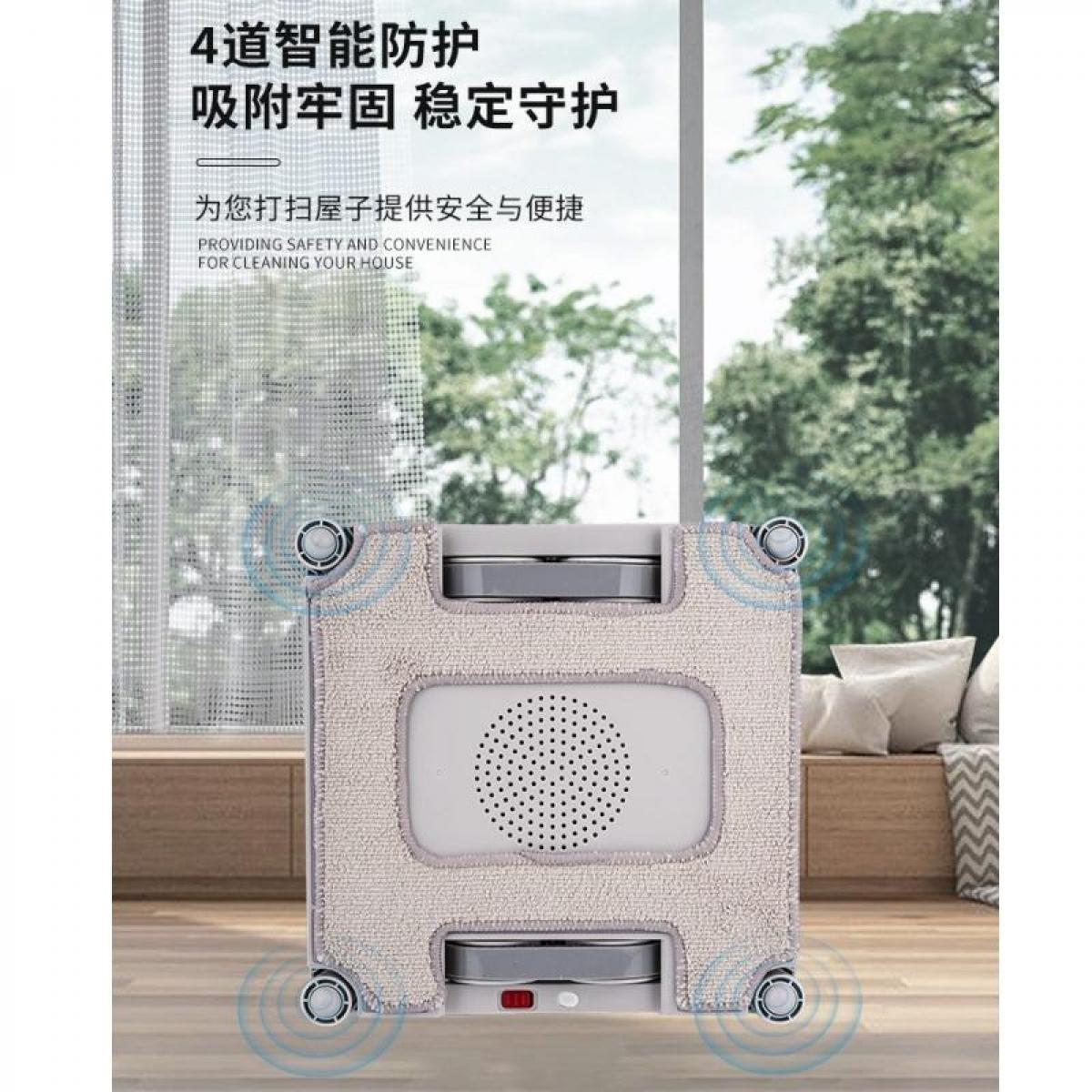 Ein Roboter-Fensterputzer auf einem Holzboden vor einem Fenster.