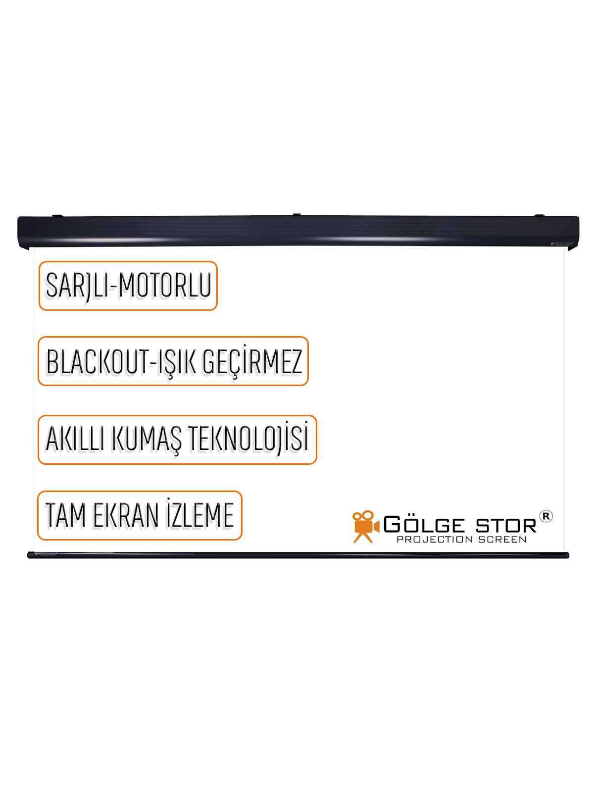 Perde üzerinde metin: Şarjlı, ışık geçirmez, akıllı kumaş, tam ekran izleme.