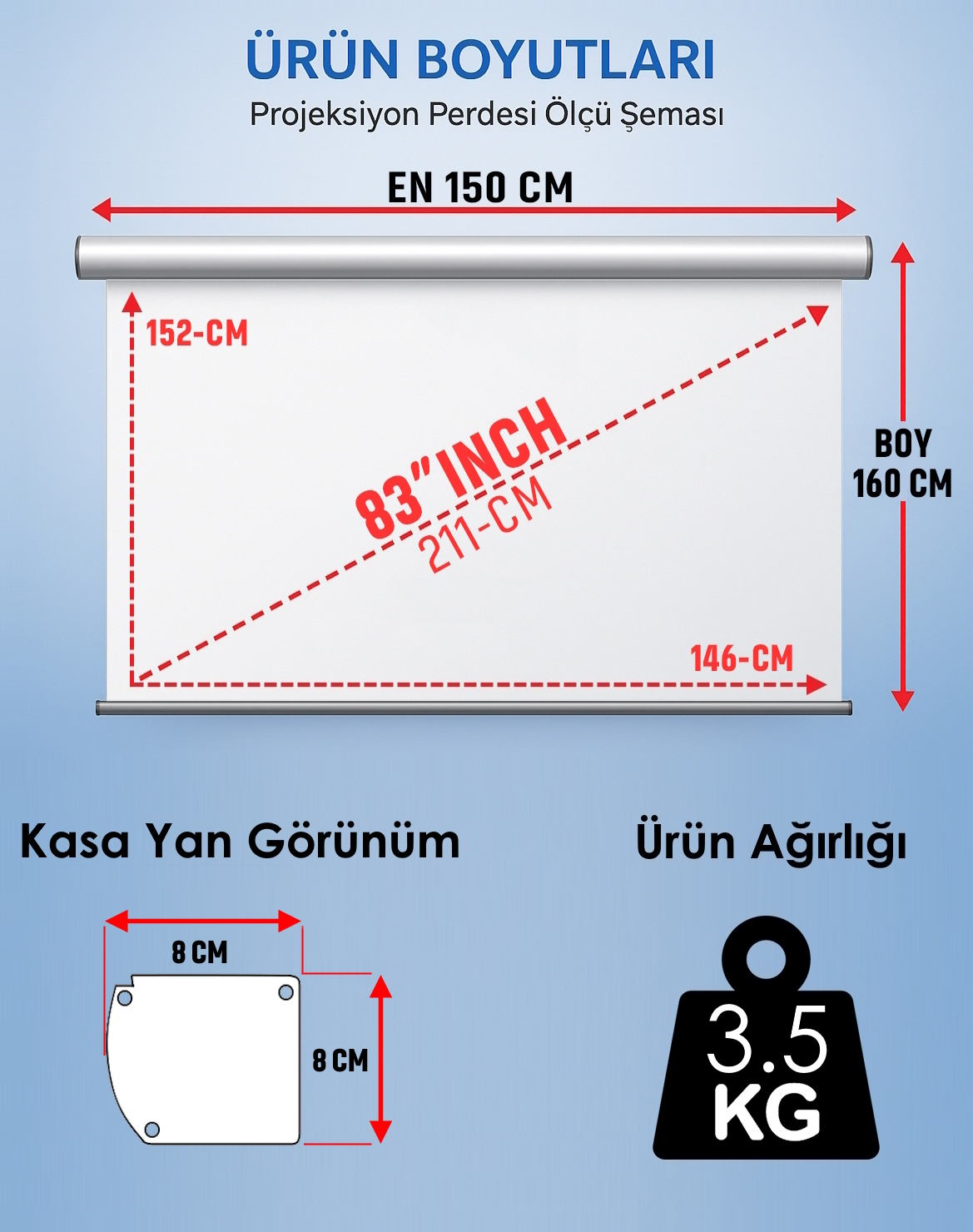 Projeksiyon perdesi ölçüleri şeması: En 150cm, Boy 160cm.
