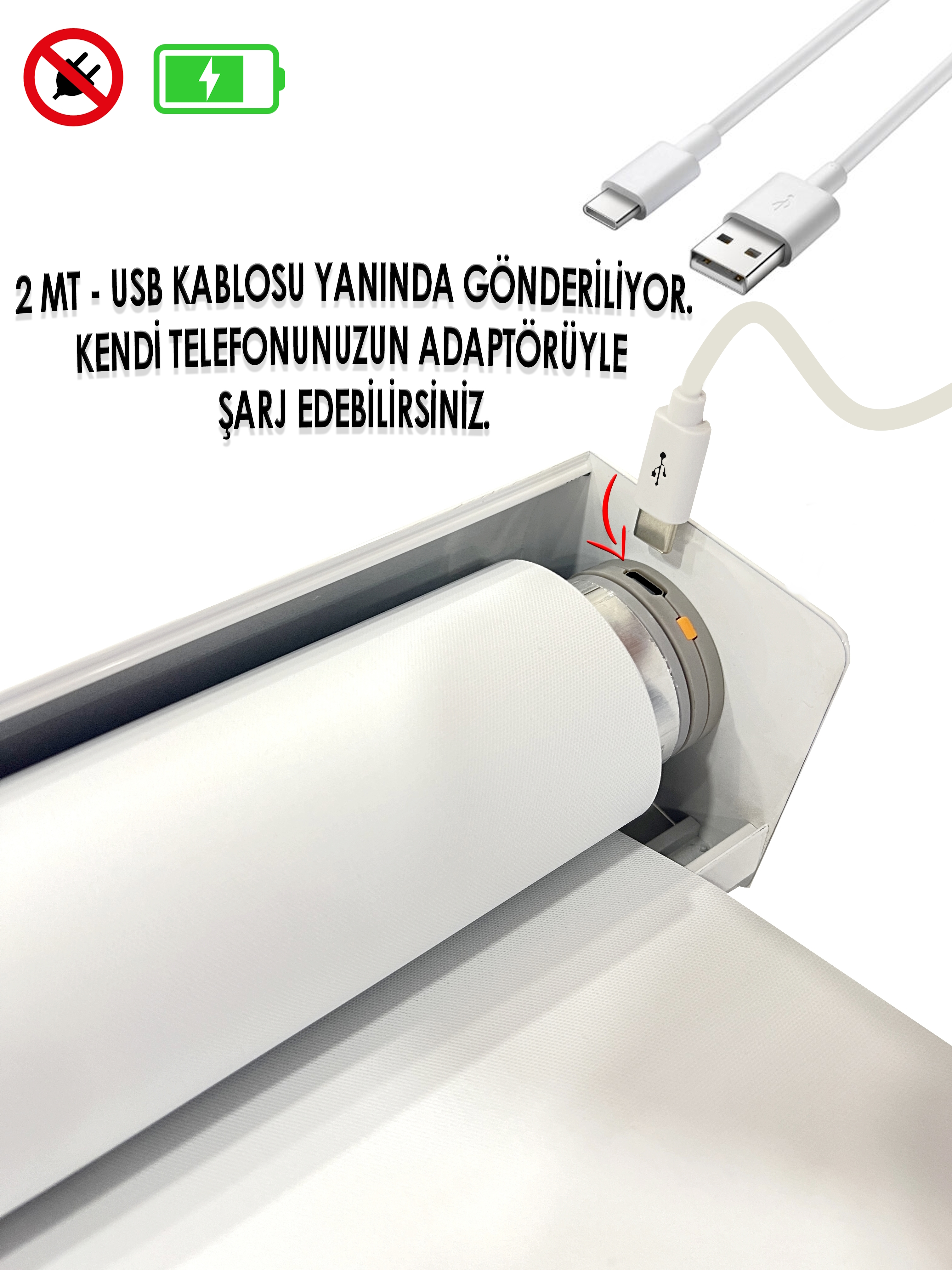 Fiş yok ikonu, pil şarj ikonu. Şarj için USB kablosu.