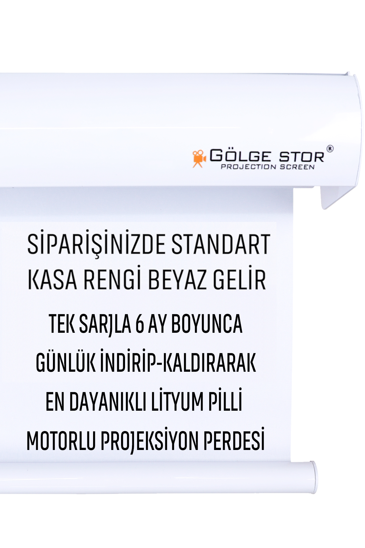 Lityum pilli beyaz motorlu projeksiyon perdesi, tek şarjla 6 ay dayanır.
