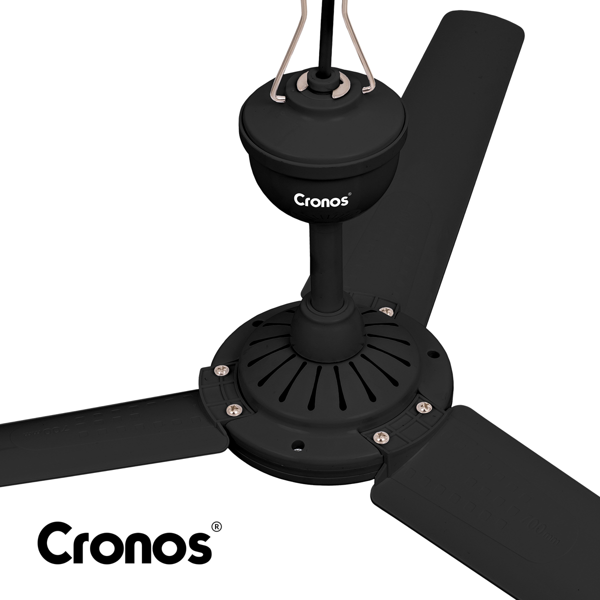 Czarny wentylator sufitowy z trzema łopatkami i logo Cronos.