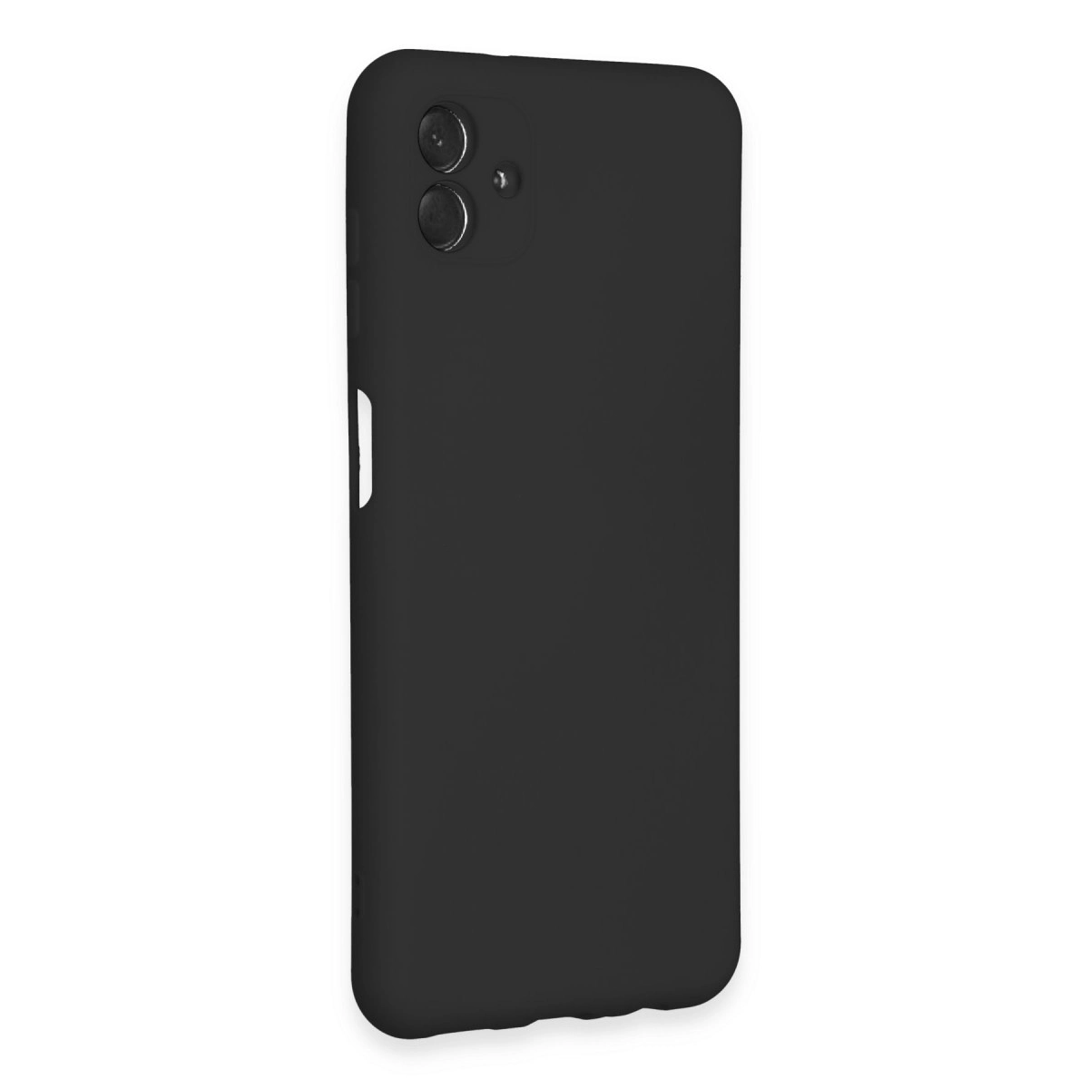 İki kamera lensi ve flaşlı siyah telefon kılıfı. Beyaz arka plan.