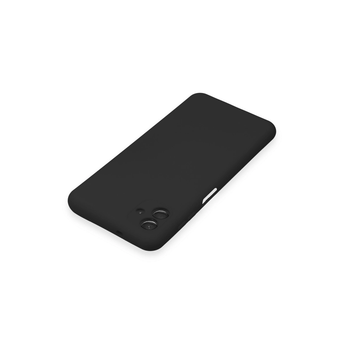 Beyaz arka plan üzerinde kamera adacıklı siyah telefon kılıfı.