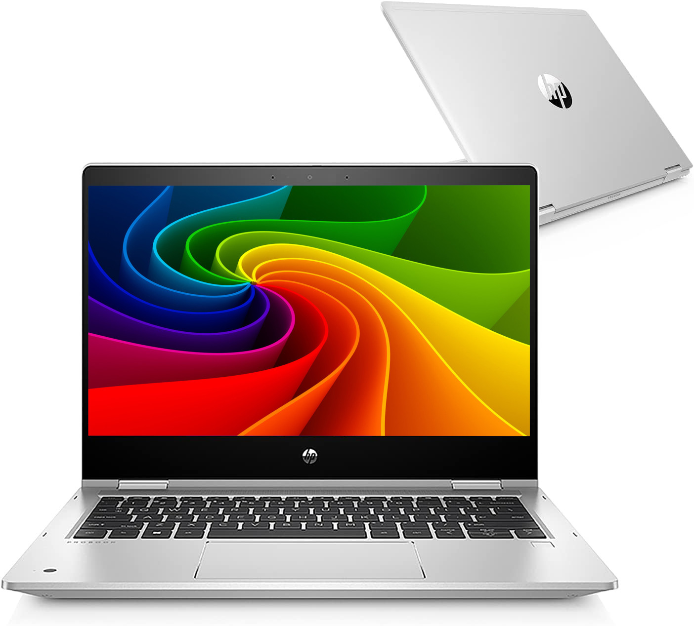 Ein silberner HP Laptop mit einem bunten Hintergrund. Ein zweiter Laptop ist von oben zu sehen.