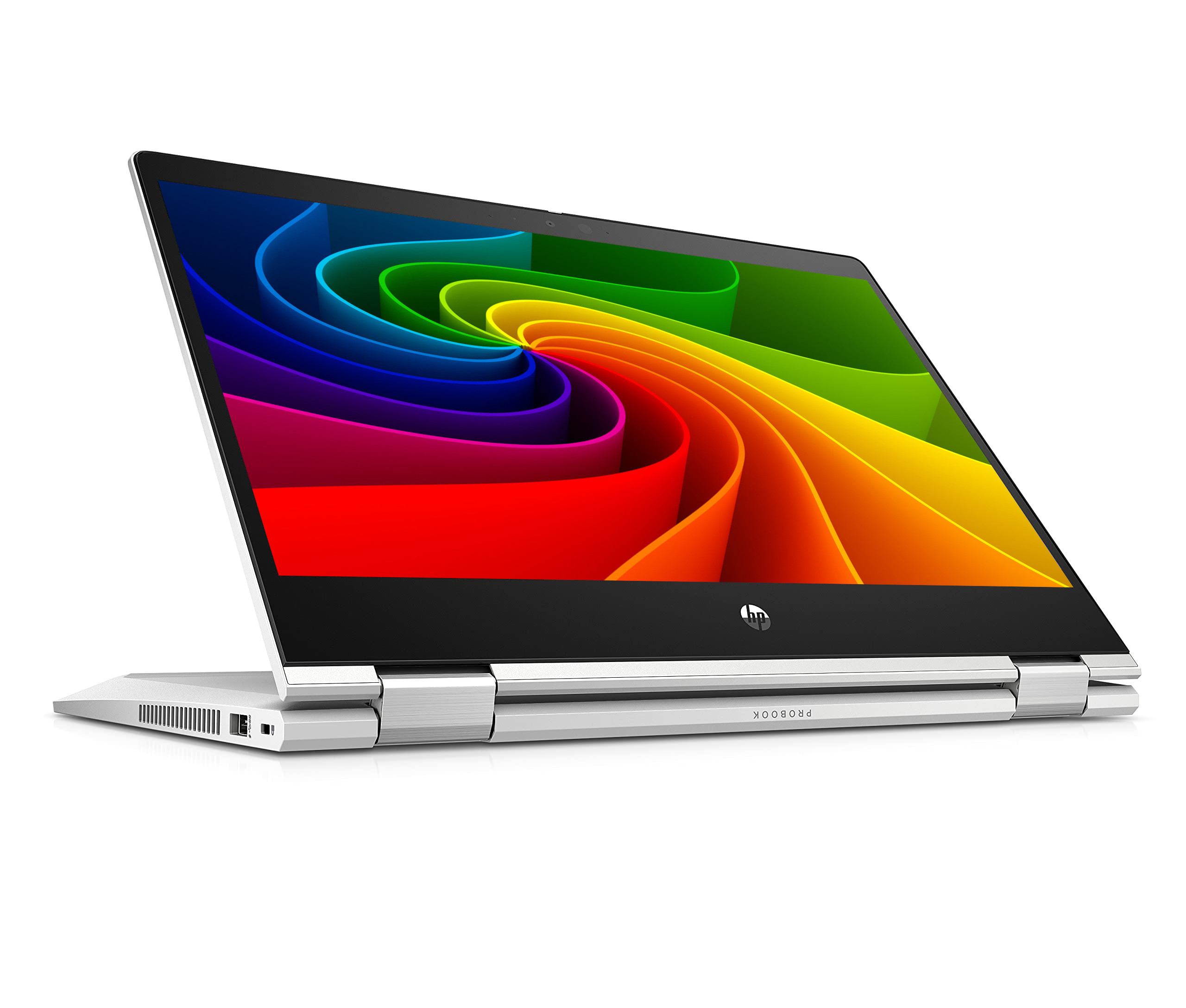 Ein offener silberner Laptop mit einem bunten, wirbelnden Muster auf dem Bildschirm.