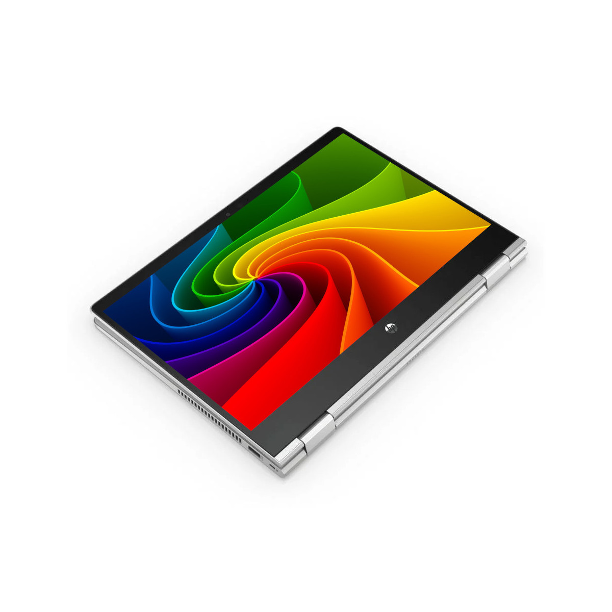 Ein silberner Laptop mit einem bunten, wirbelnden Hintergrund auf dem Bildschirm.