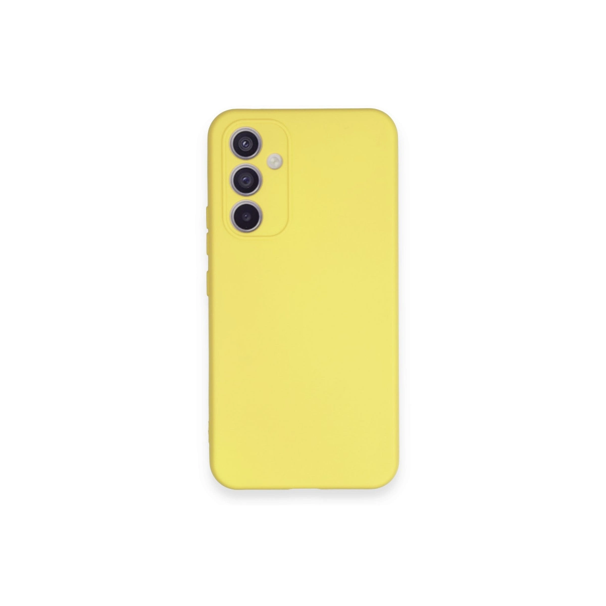 Sarı telefon kılıfı, arkada üçlü kamera kurulumu.