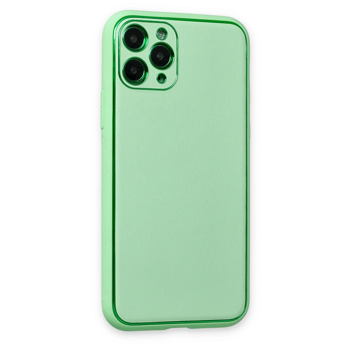 Parlak yeşil kenarlı ve kamera lensli açık yeşil telefon kılıfı.