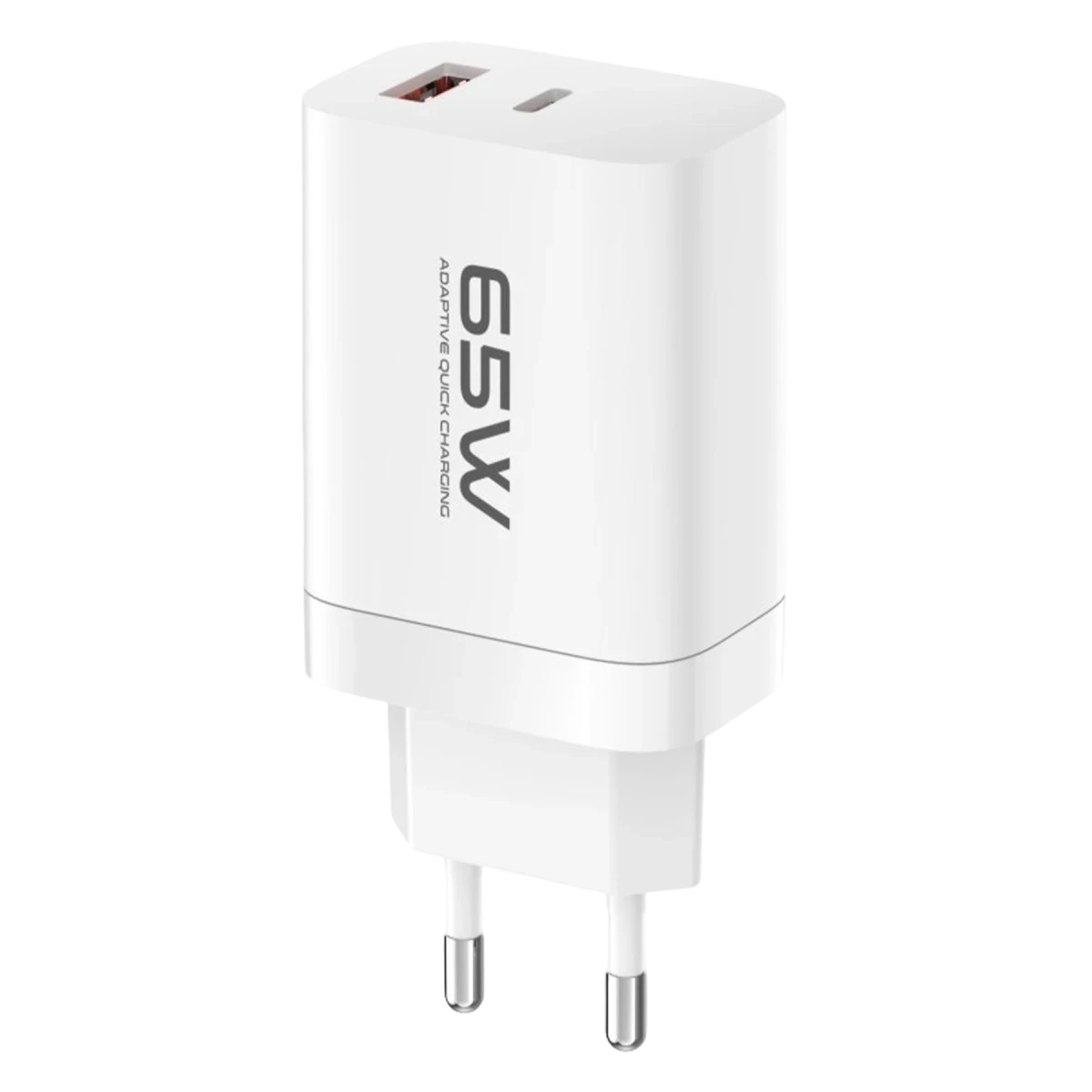 İki USB bağlantı noktalı beyaz 65W hızlı şarj adaptörü ve fişi.