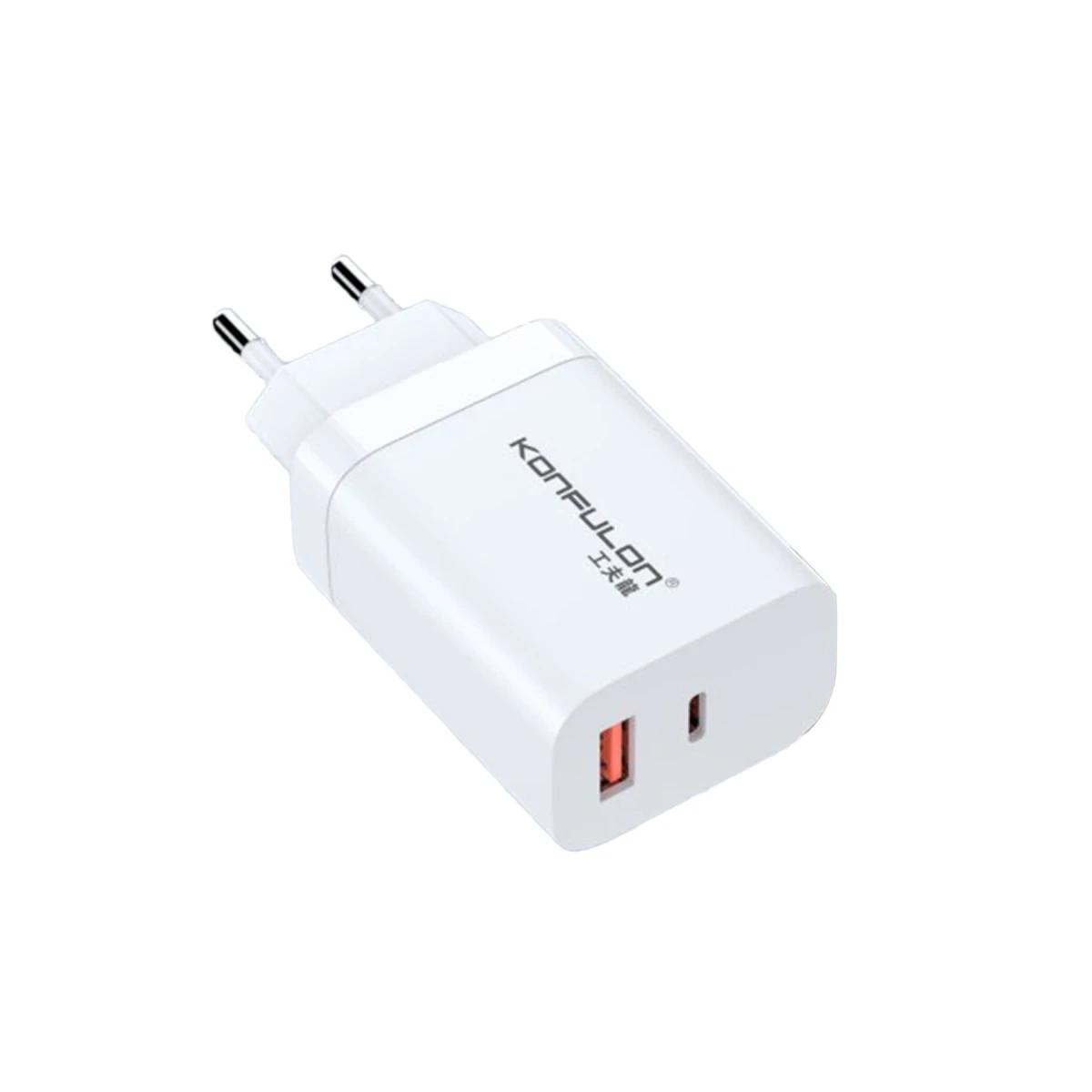 İki USB bağlantı noktasına ve Avrupa fişlerine sahip beyaz bir Konfulon şarj cihazı.