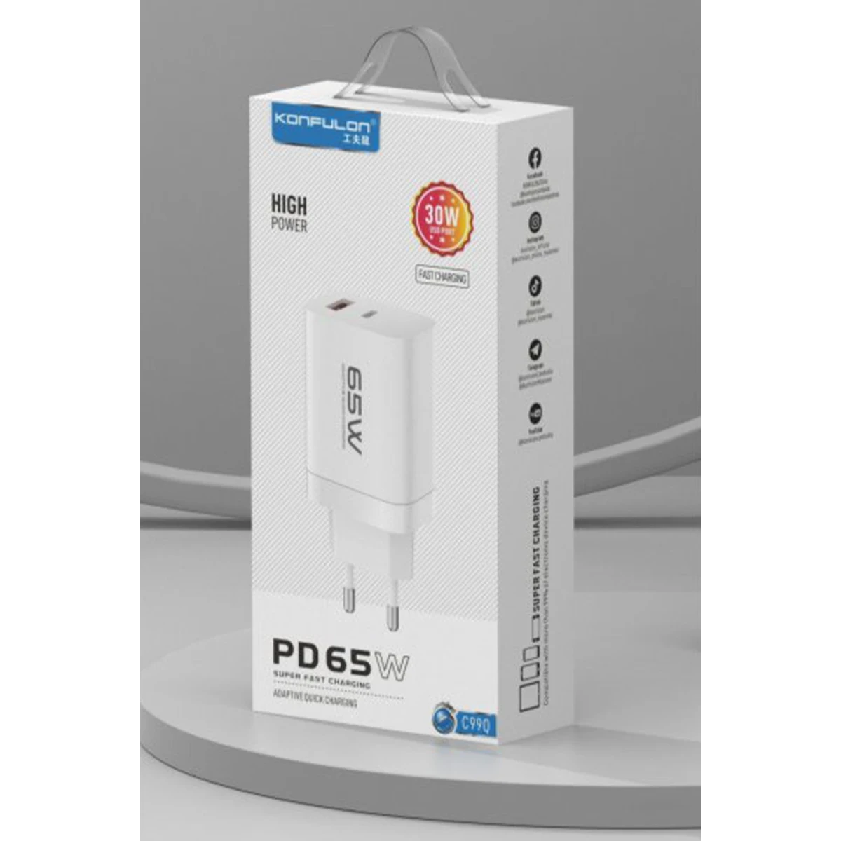 Konfulon PD 65W hızlı şarj adaptörü kutusu, 30W ve 65W etiketli.