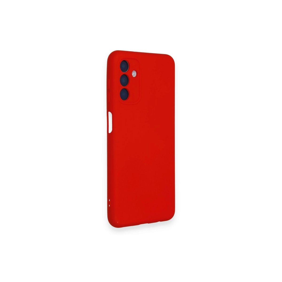 Beyaz arka plan üzerinde üç kamera lensli kırmızı telefon kılıfı.