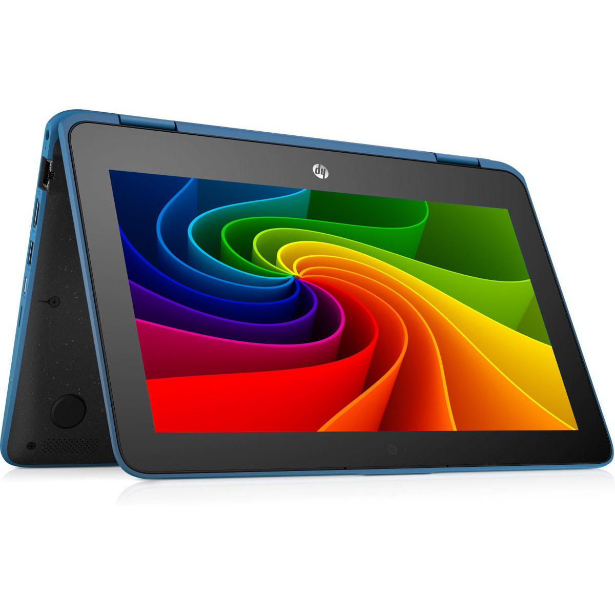 Ein blaues HP Tablet mit einem bunten Wirbelmuster auf dem Bildschirm.