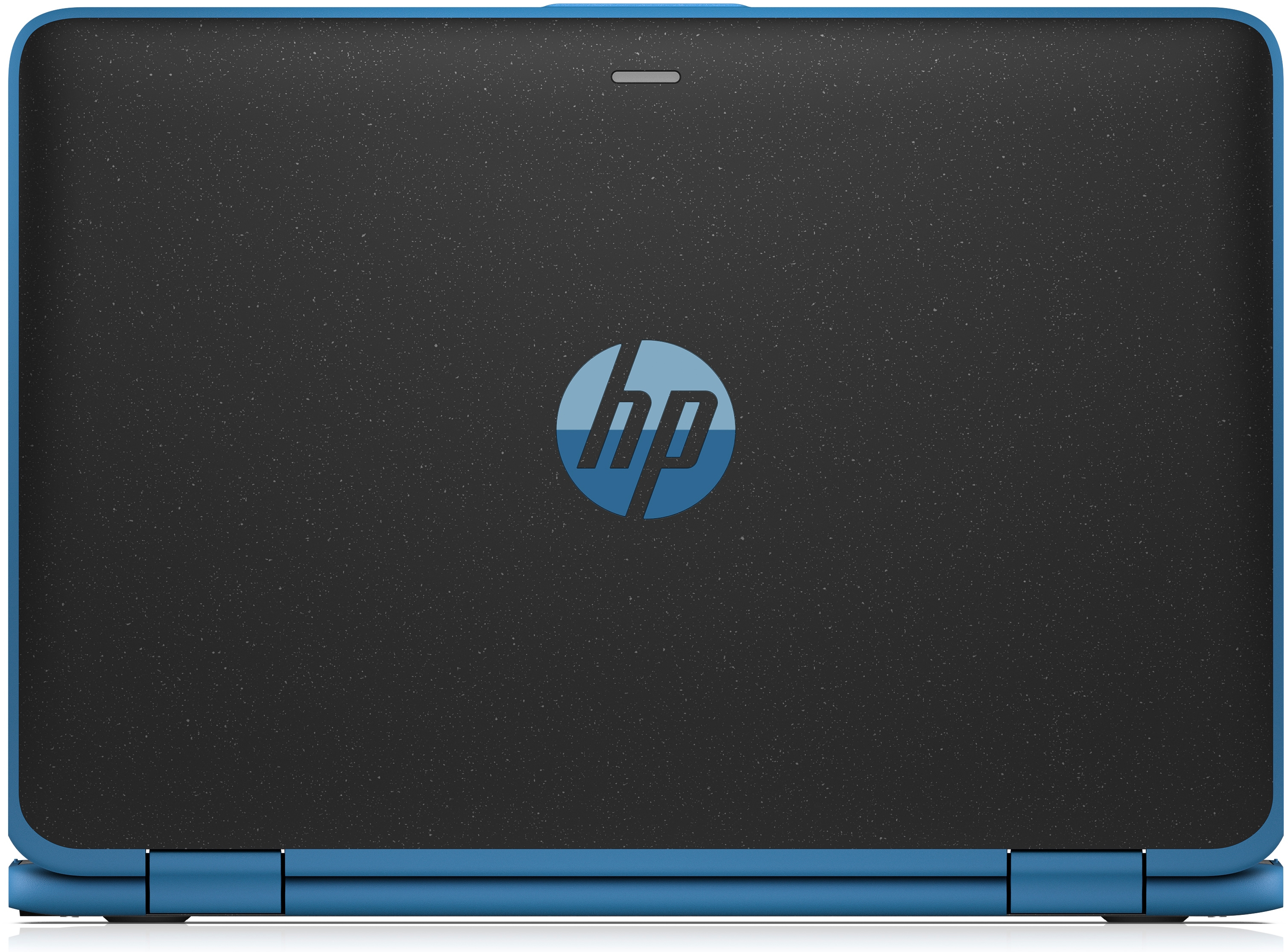 Schwarzer Laptopdeckel mit HP-Logo und blauem Rand.
