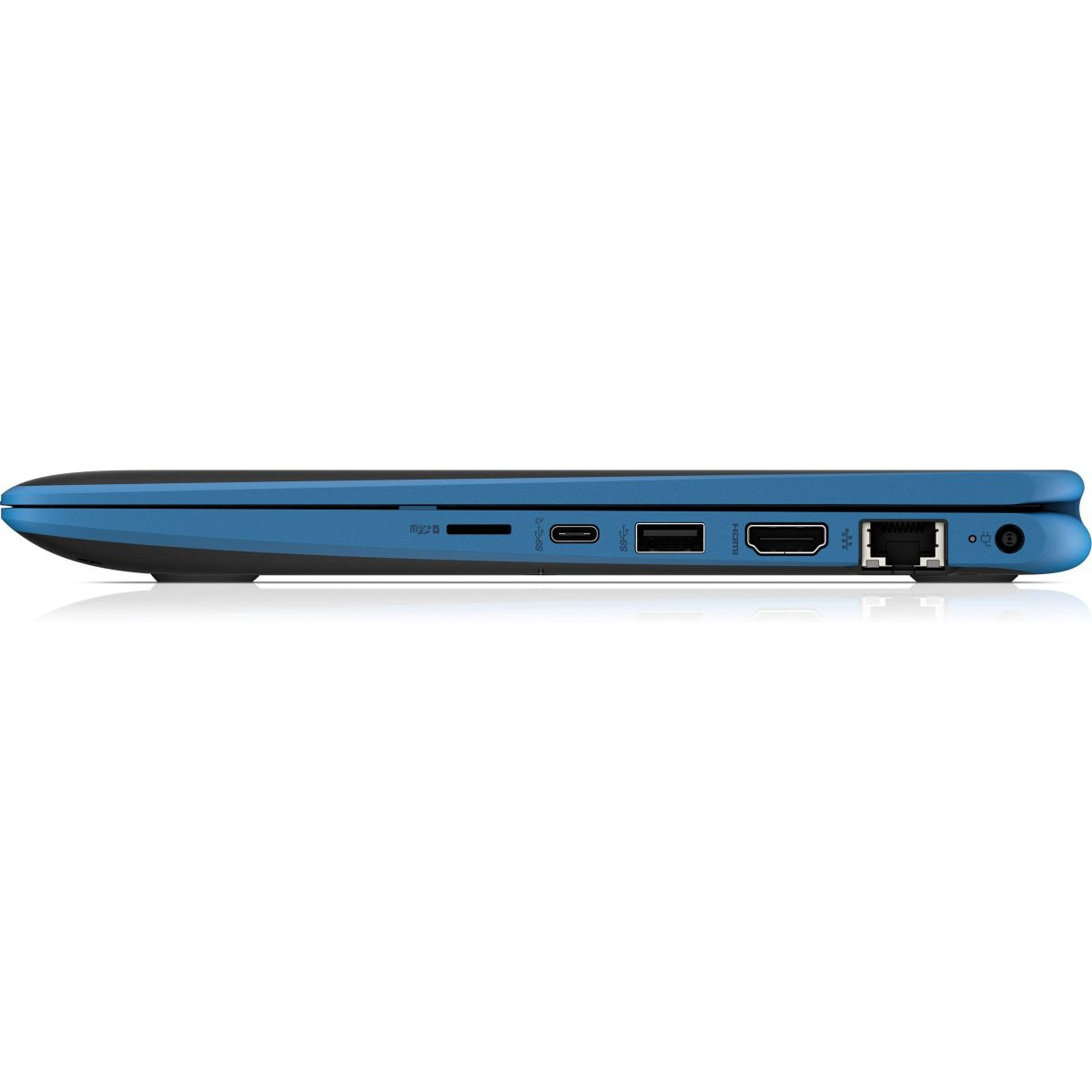 Blauer Laptop-Seite mit Anschlüssen: microSD, USB-C, USB-A, HDMI, Ethernet.