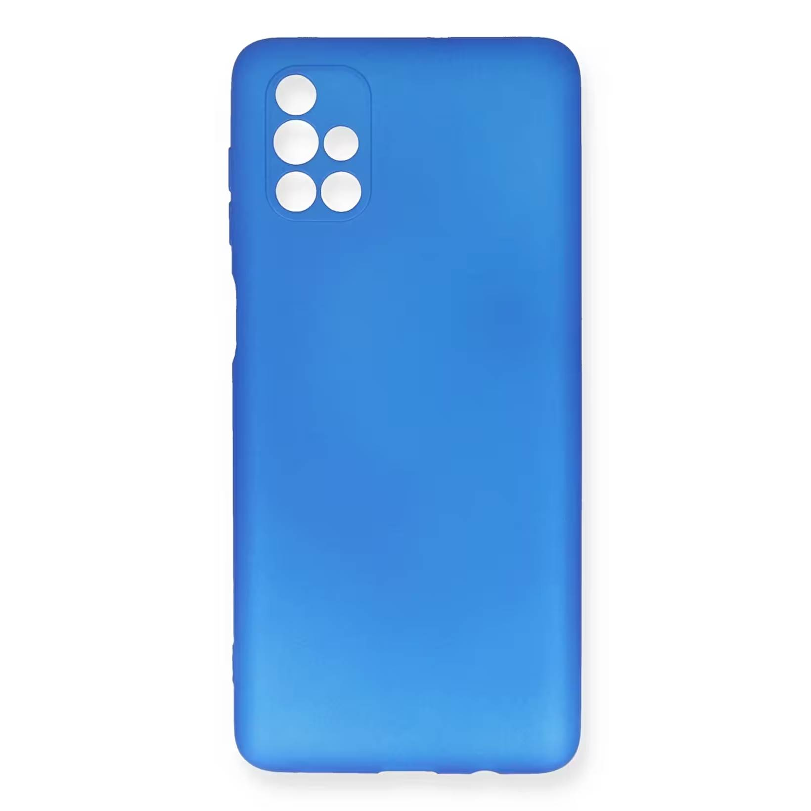 Kamera için altı yuvarlak kesiği olan mavi bir telefon kılıfı.